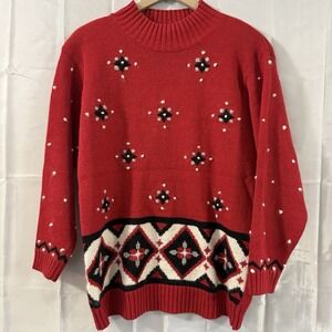 Vintage Womens Petite M Laura Gayle Sweater Red Black White Winter Mock Neck